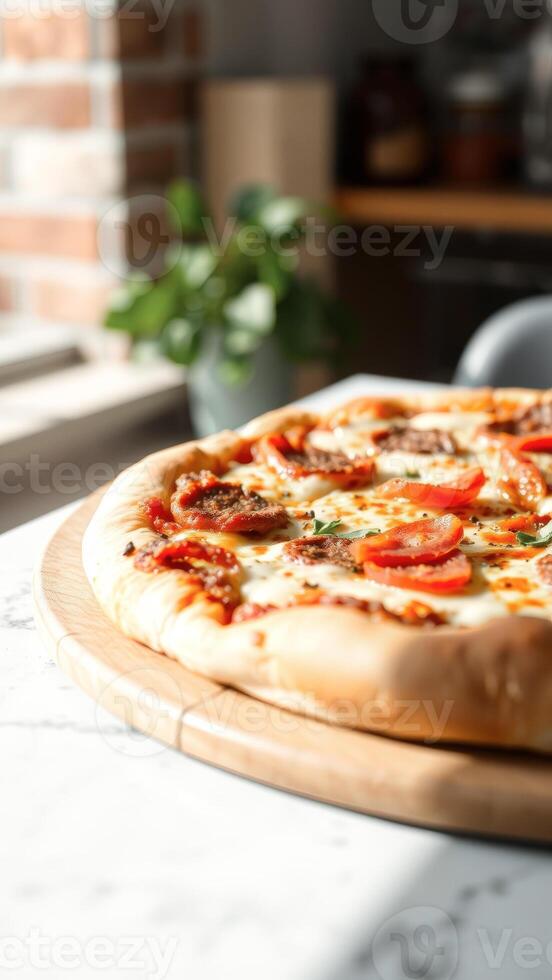 Closeup of a Pizza Slice with Pepperoni and Tomatoes photo