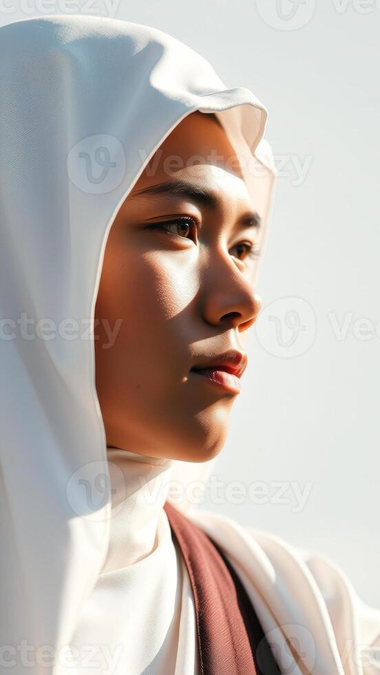 Closeup of a Woman's Face with White Fabric Draped Over Her Head photo