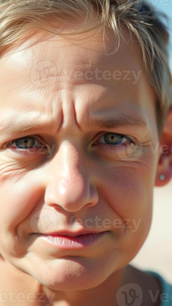 Closeup of a young girl's face with a thoughtful expression photo
