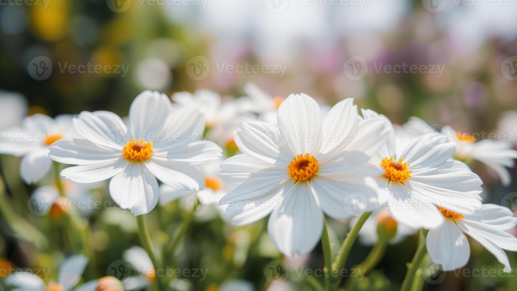 Close Up of White Cosmos Flowers in Bloom photo