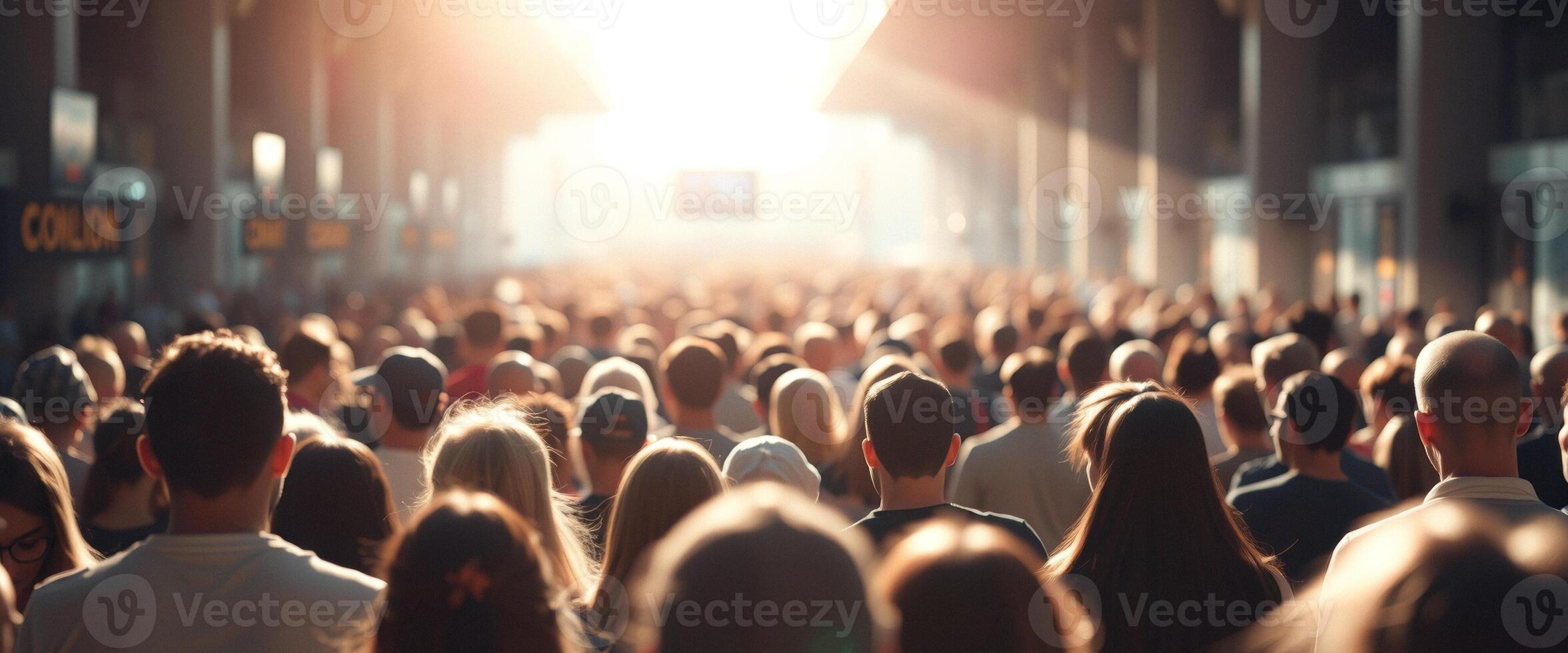 Crowd of people in an outdoor setting looking towards a bright light photo