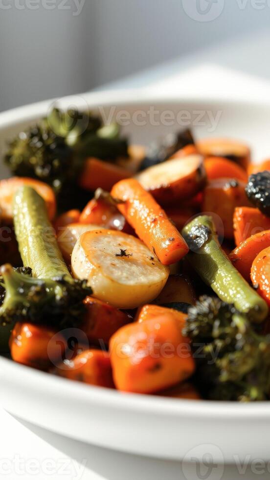 Roasted vegetables in a white bowl photo