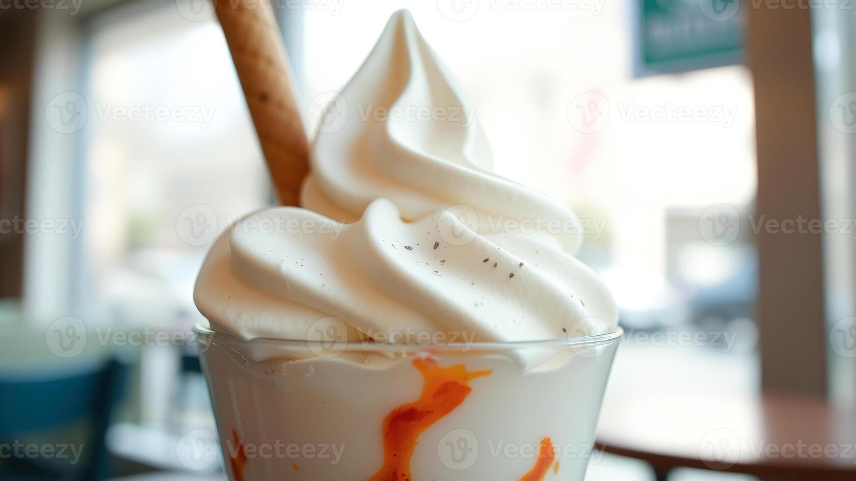 Closeup of a creamy dessert topped with whipped cream and a wafer stick photo
