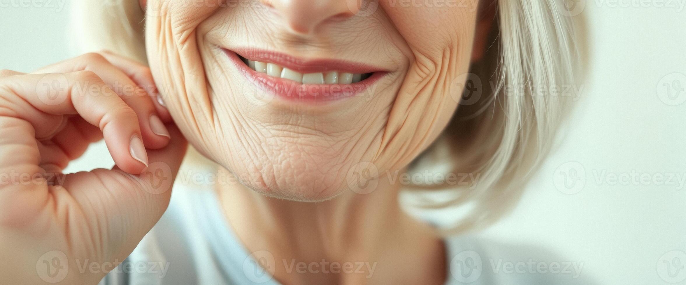 Close-up of a woman's smiling face, showing wrinkles and fine lines photo