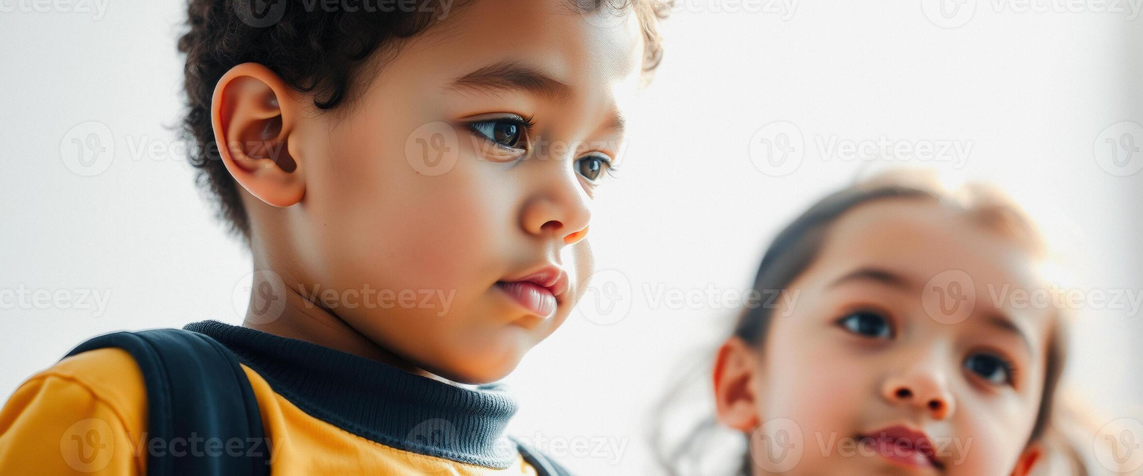 Closeup of a young boy's face, looking thoughtfully to the side photo