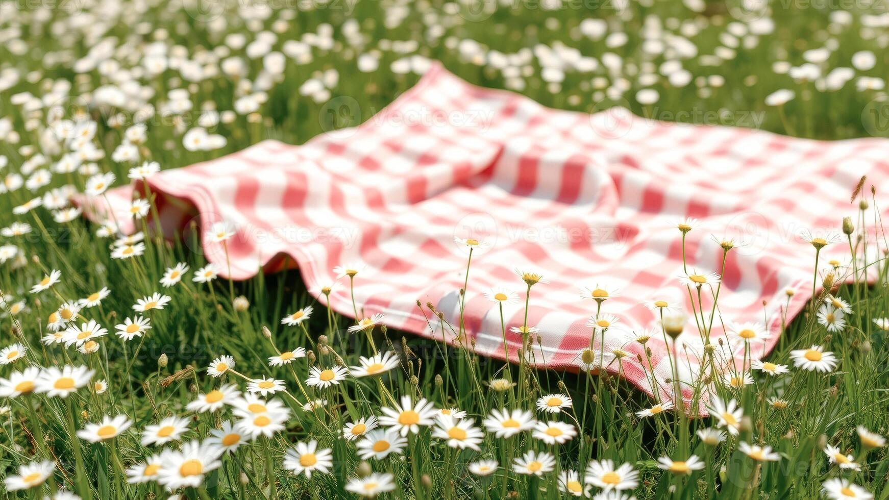 Pink and White Picnic Blanket in a Field of Daisies photo