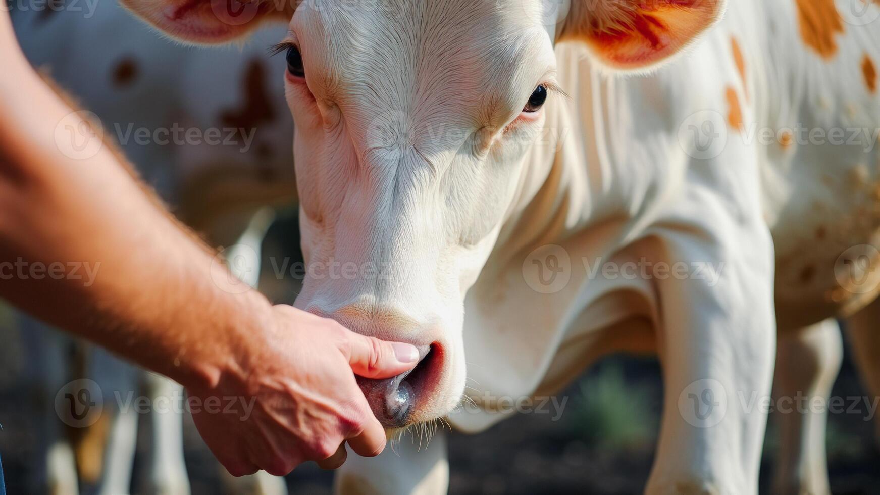 Close-up of a Cow's Nose Being Petted by a Hand photo