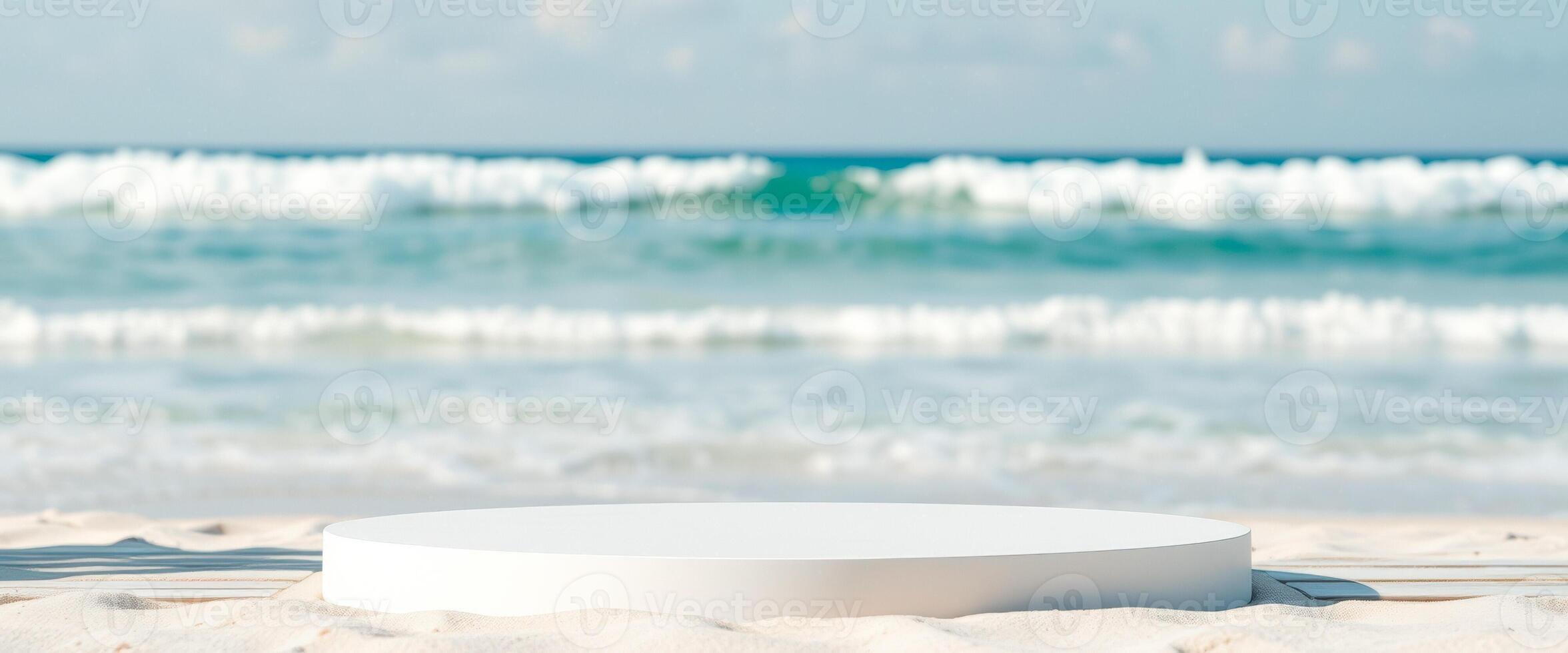 Minimalist White Podium on Sandy Beach with Blurred Ocean Background photo