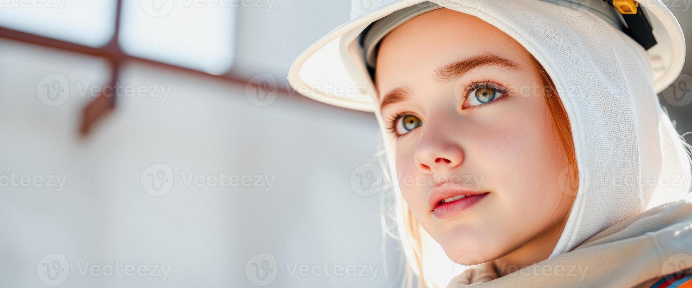 Young girl wearing a white hard hat photo