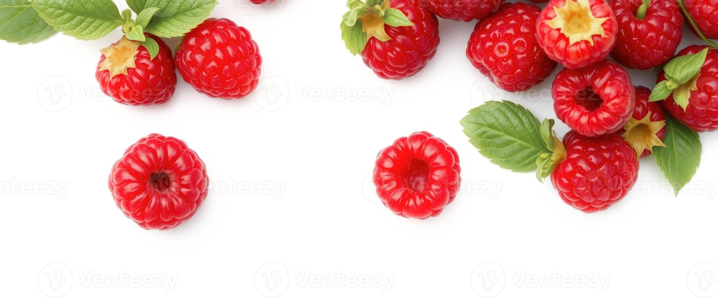 Fresh Raspberries with Green Leaves Isolated on White Background photo