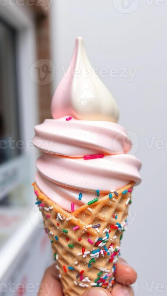 Close-up of a Pink and White Ice Cream Cone with Sprinkles photo