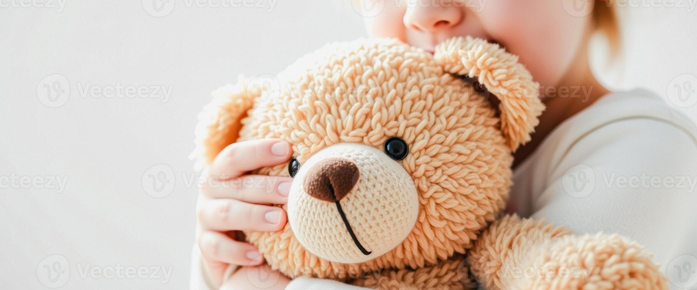 Closeup of a Child Hugging a Stuffed Bear photo