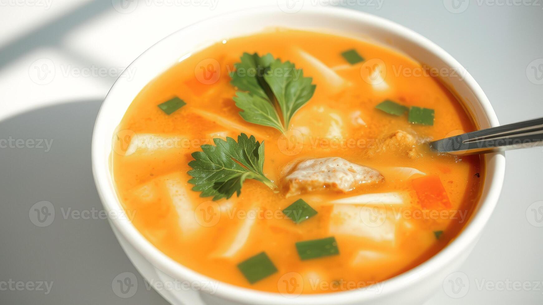 Closeup of a bowl of soup with a spoon photo