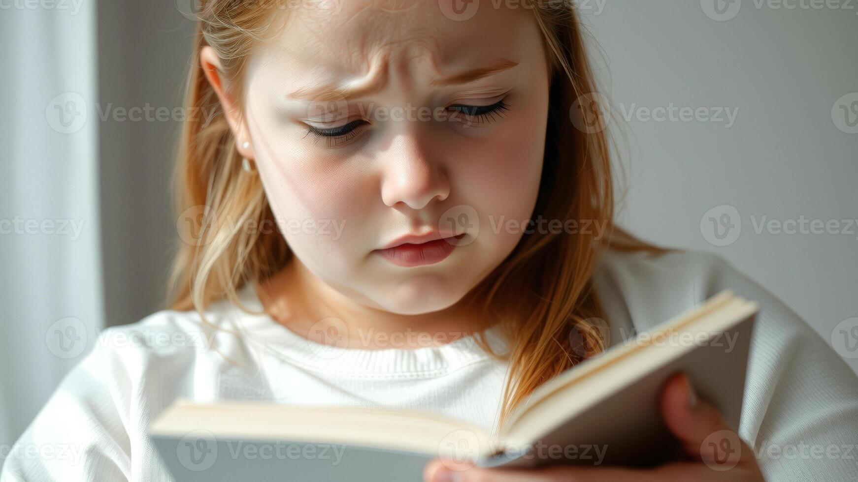 Young girl engrossed in a book photo