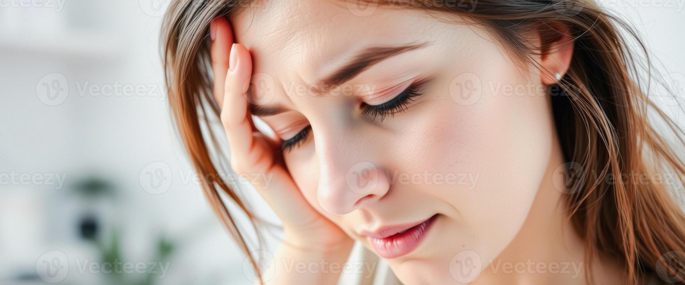Closeup of Woman's Face with Hand on Forehead, Expressing Pain or Sadness photo