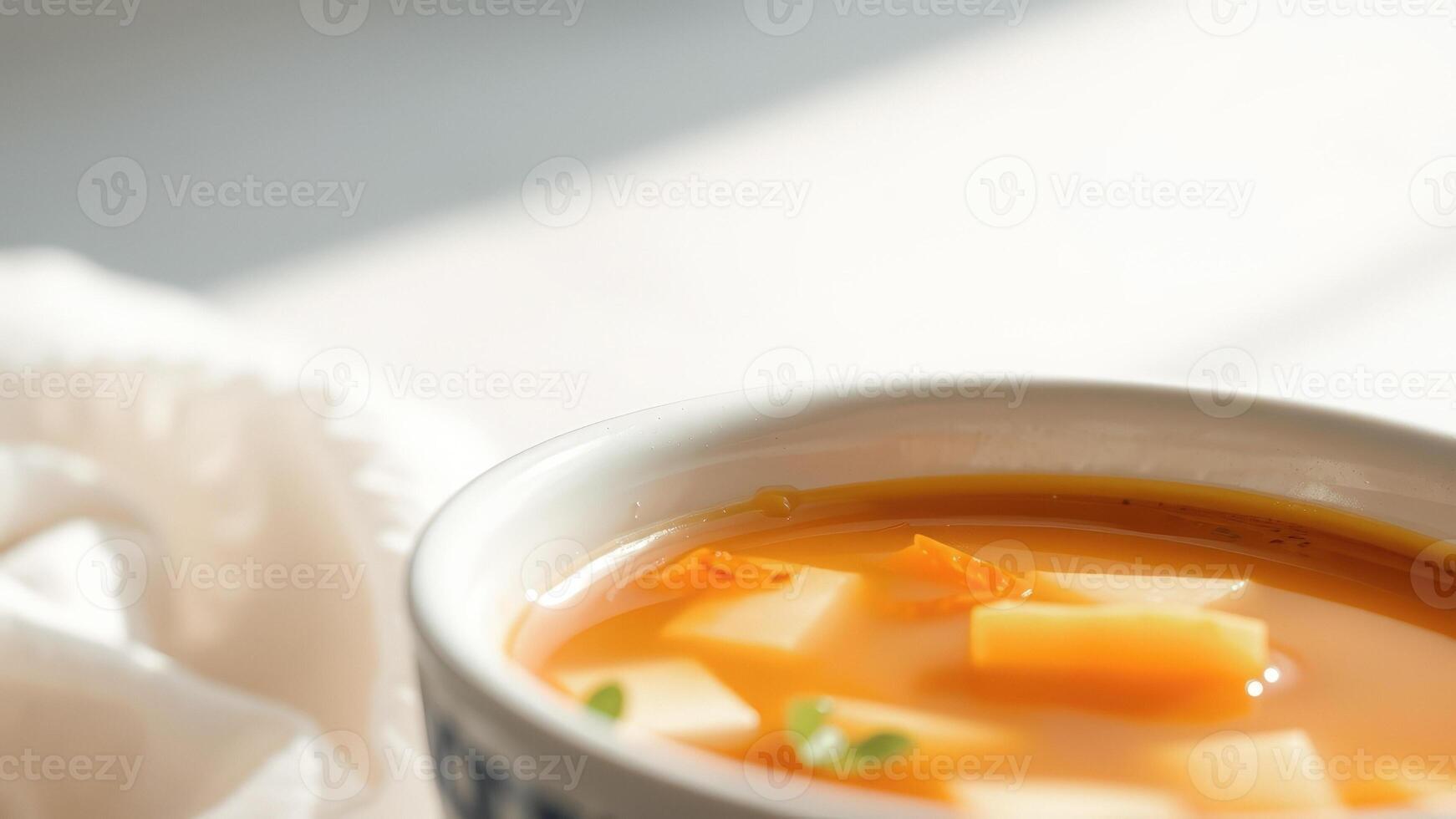 Closeup of a bowl of pumpkin soup with herbs photo