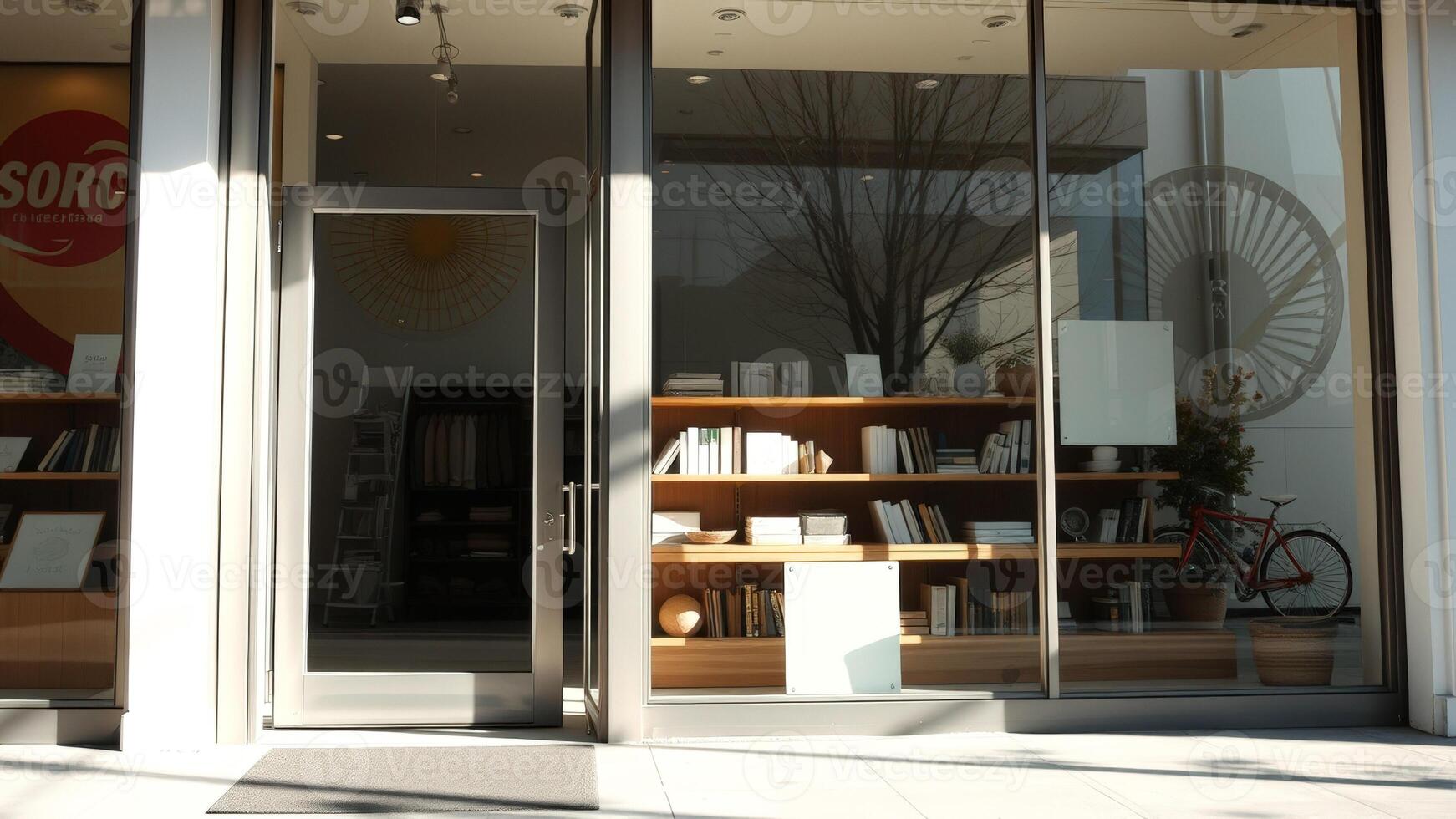 Modern storefront with large glass windows and a door photo
