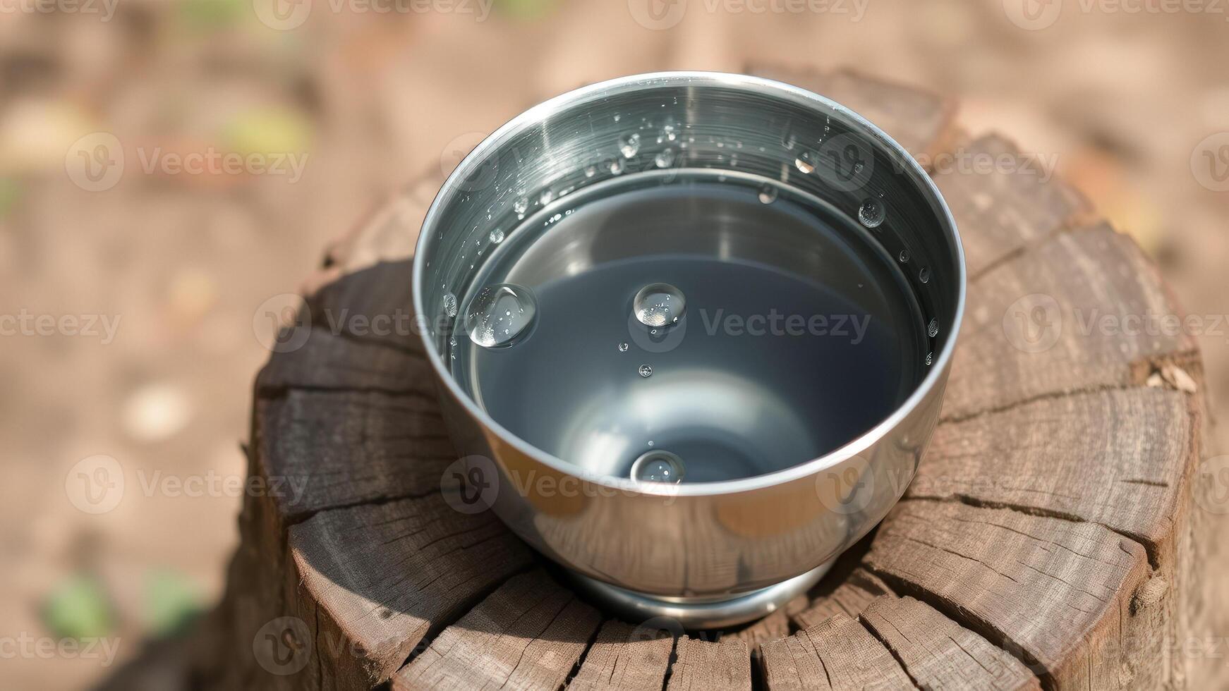 Stainless Steel Cup with Water Droplets on a Tree Stump photo