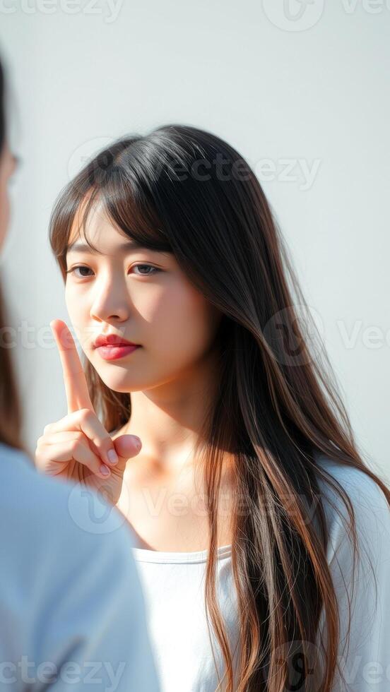 Young Woman Gesturing Silence With Her Finger photo