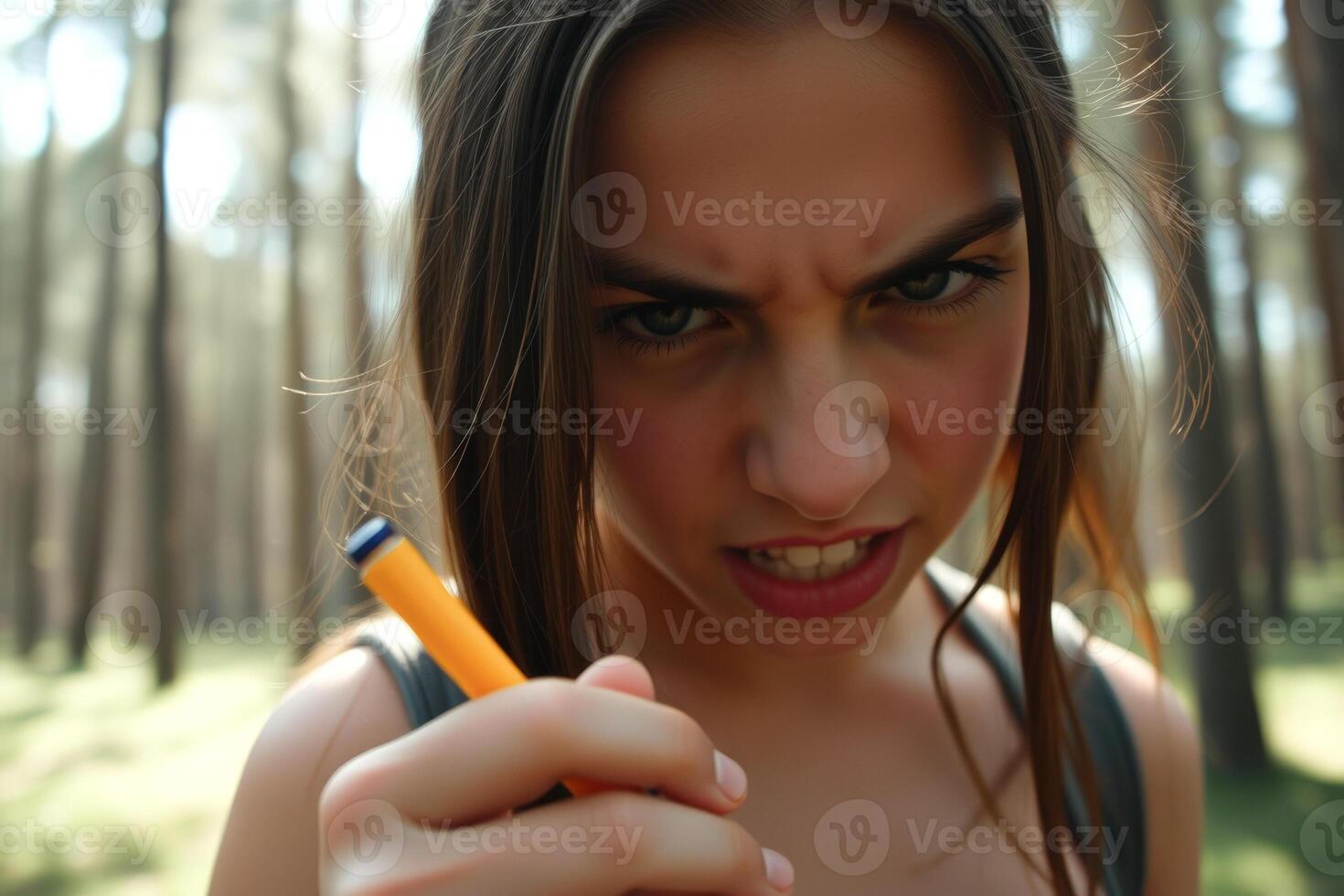 Close-up of a girl's face with a serious expression photo