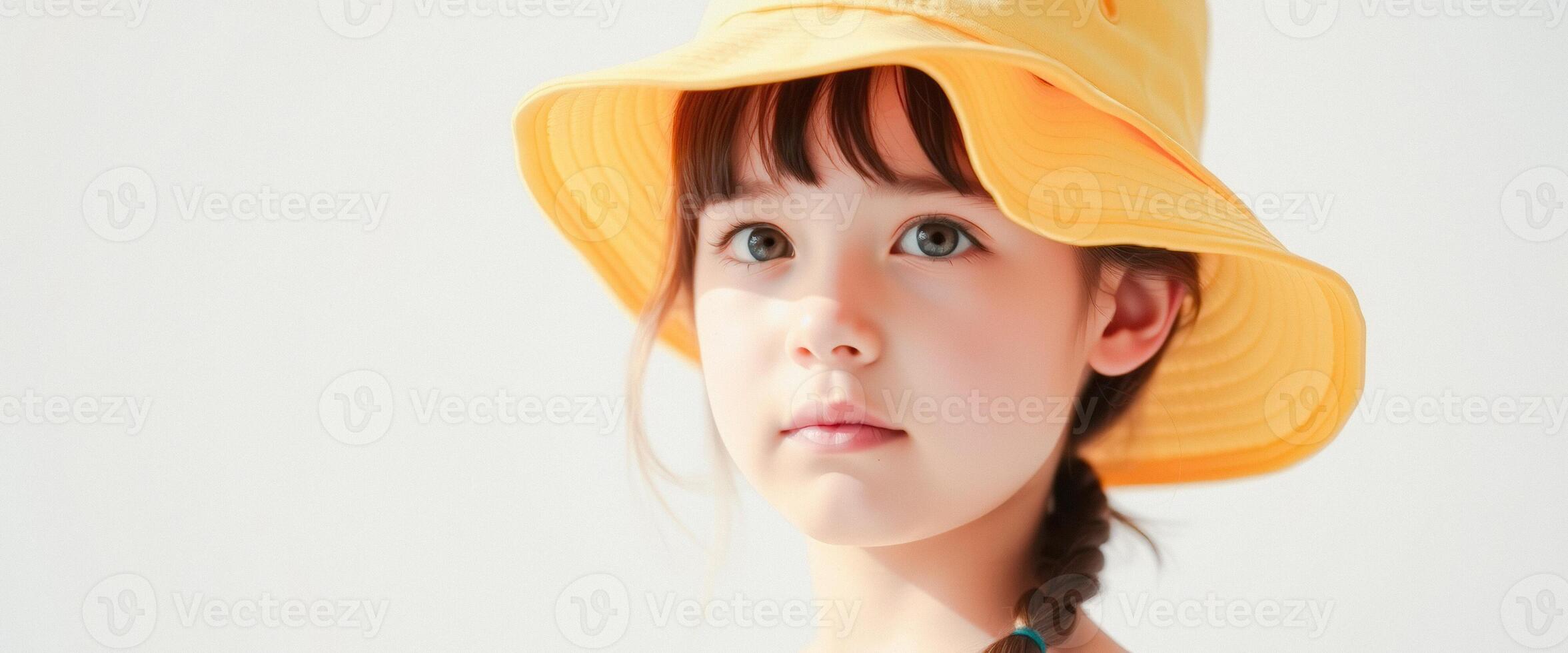 Little girl in yellow hat looking at camera photo
