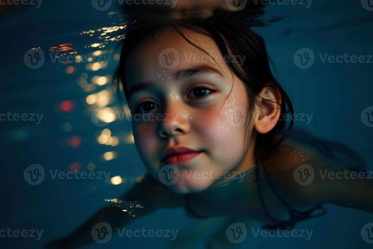 Portrait of a Young Girl Underwater with Sparkly Lights photo