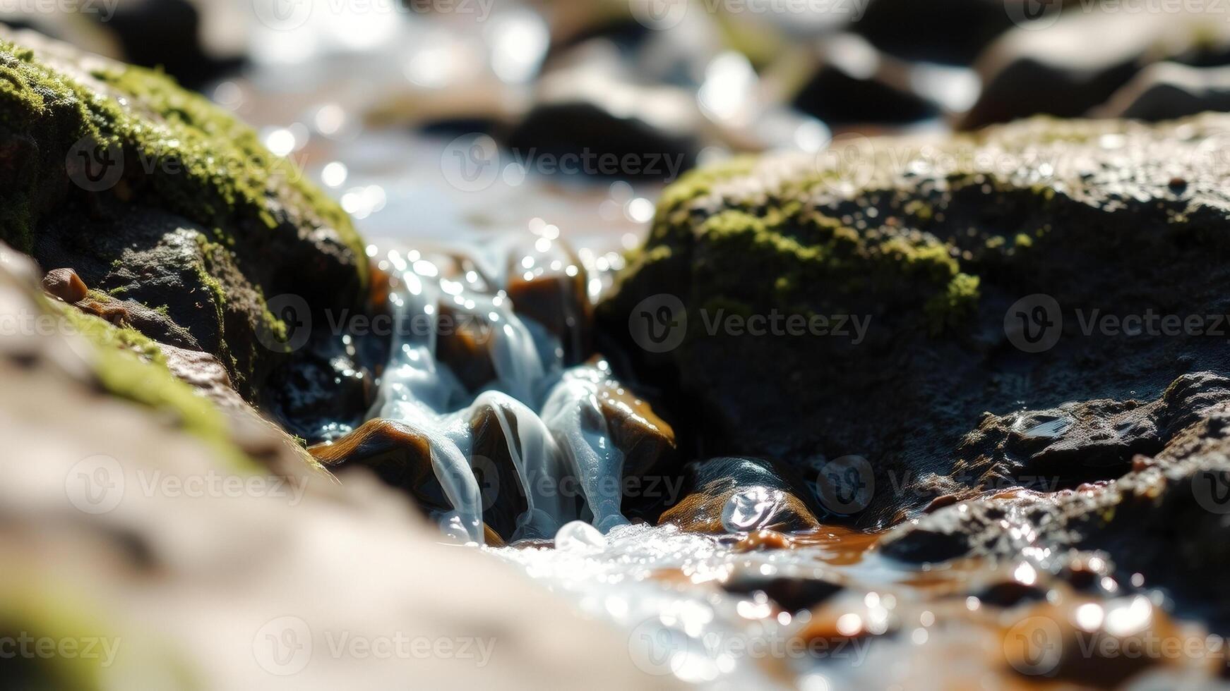 Close-up of a small stream flowing over mossy rocks photo