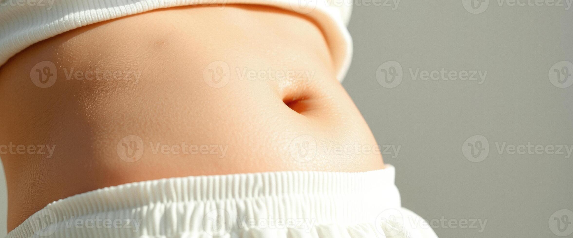 Close-up of a woman's smooth stomach with a white waistband photo
