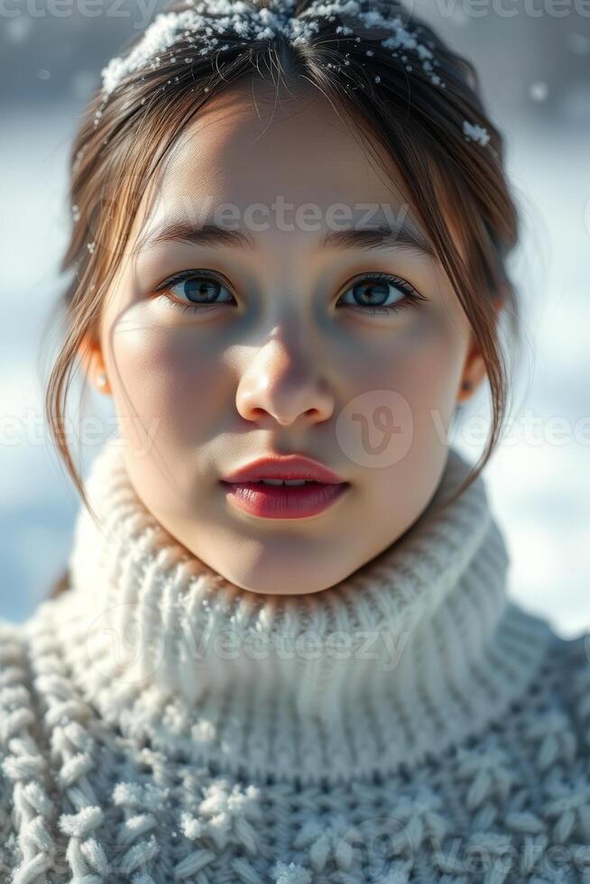 Portrait of a Young Woman in a White Knit Sweater with Snow Falling on Her Hair photo