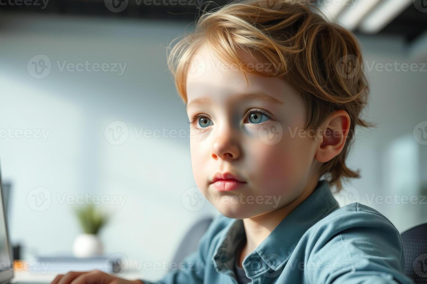 Close-up of a Young Boy's Face with Blue Eyes and Thoughtful Expression photo