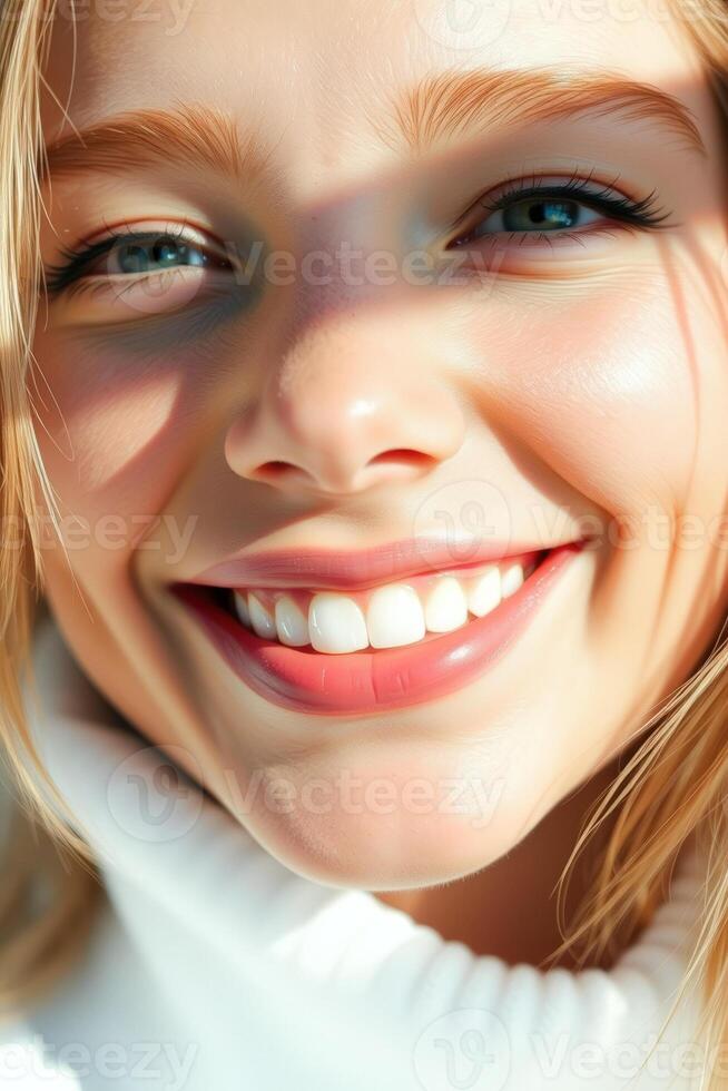 Close-up of a smiling woman with blonde hair photo