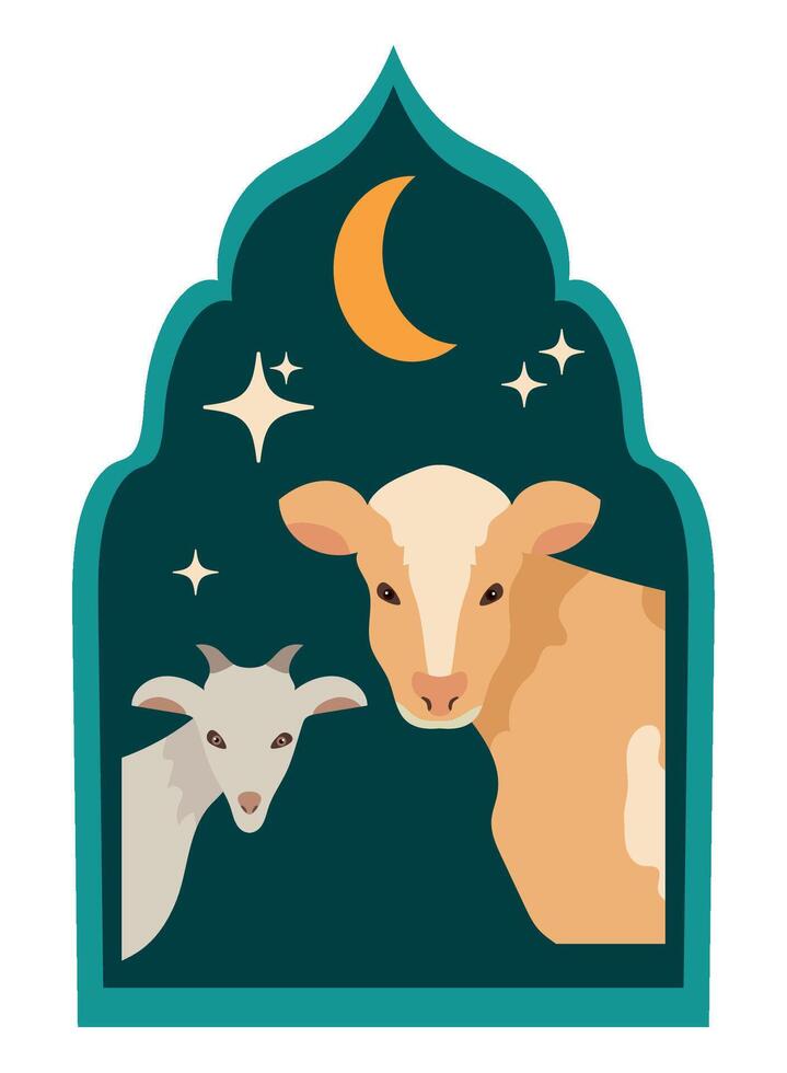 Goat and sheep in the moonlight illustration vector