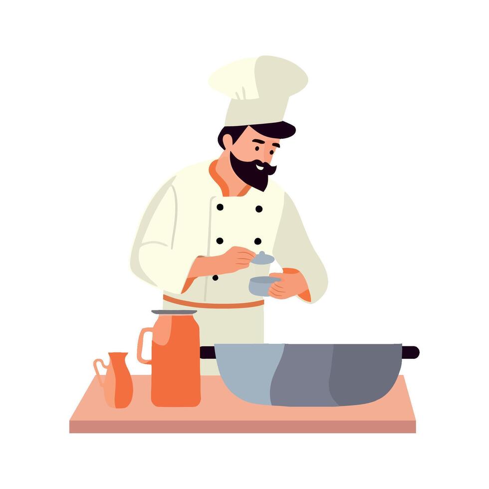 Chef cooking food in kitchen, illustration vector