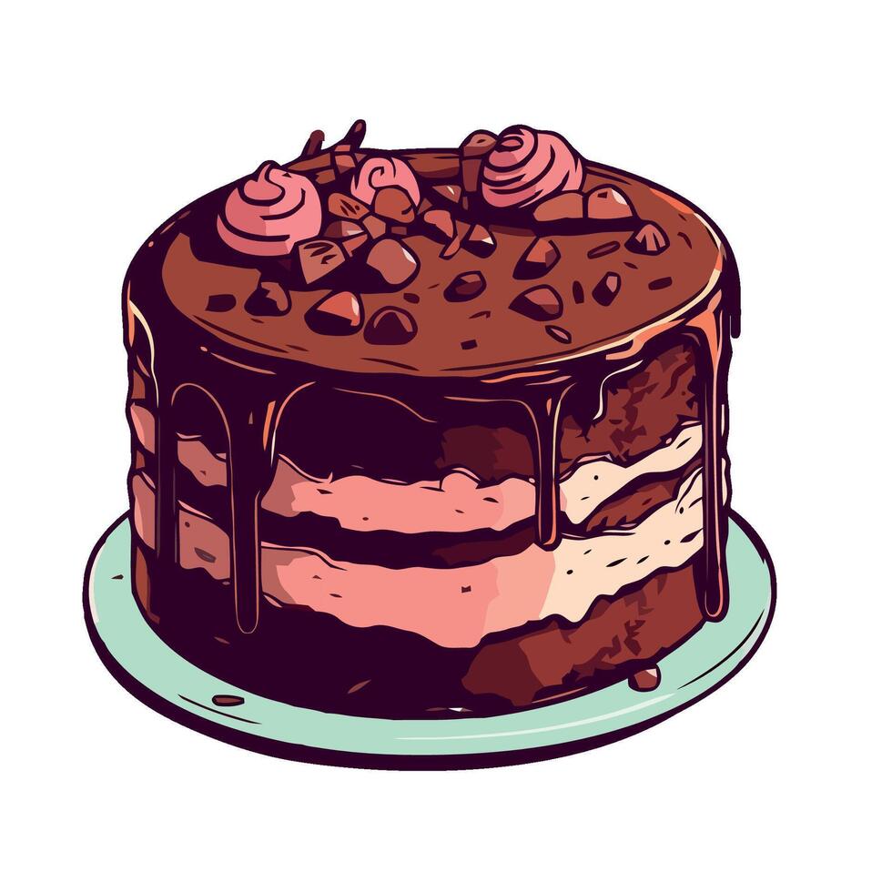 Chocolate cake with chocolate frosting and pink roses illustration vector