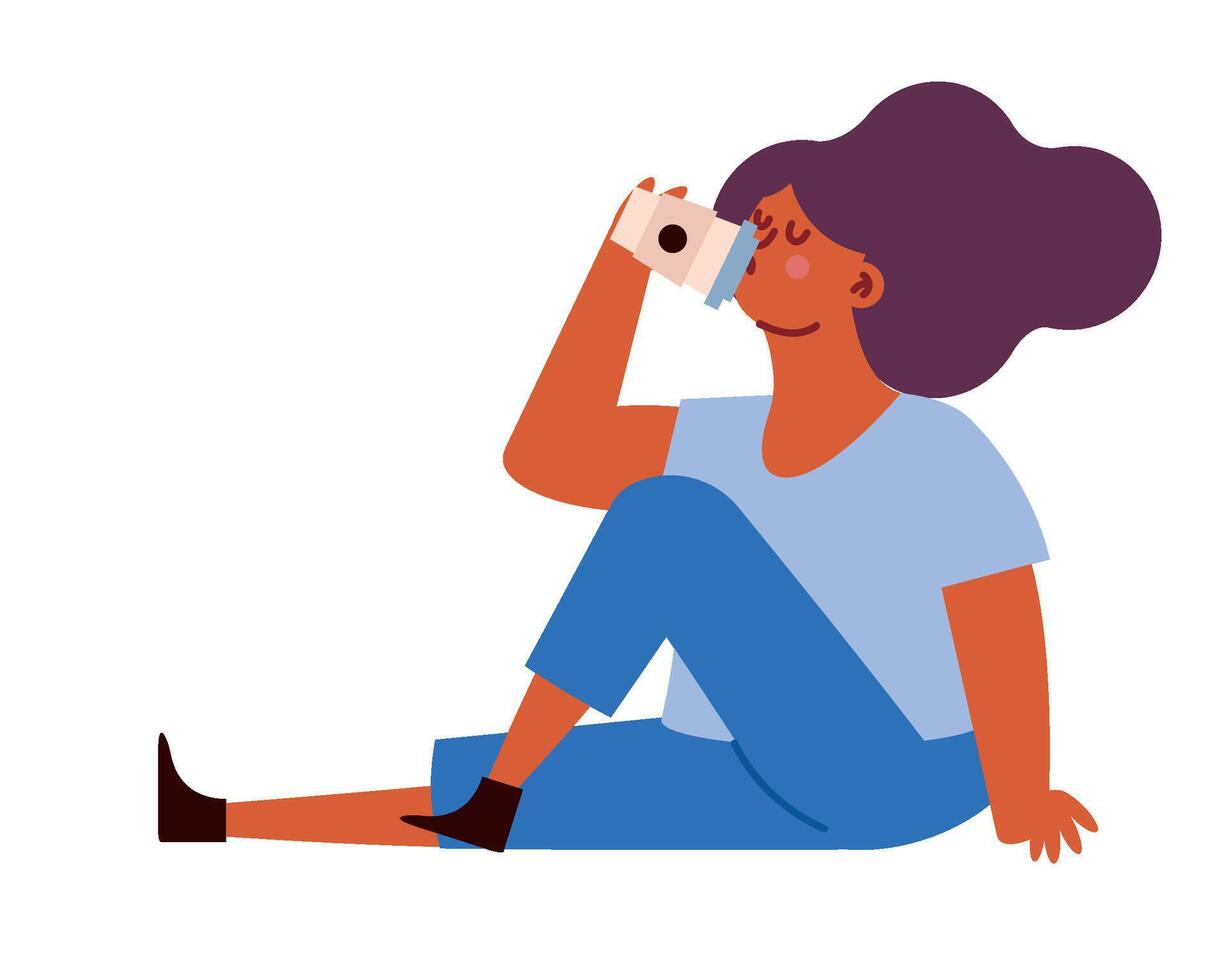 A woman sitting on the floor drinking a cup of coffee vector
