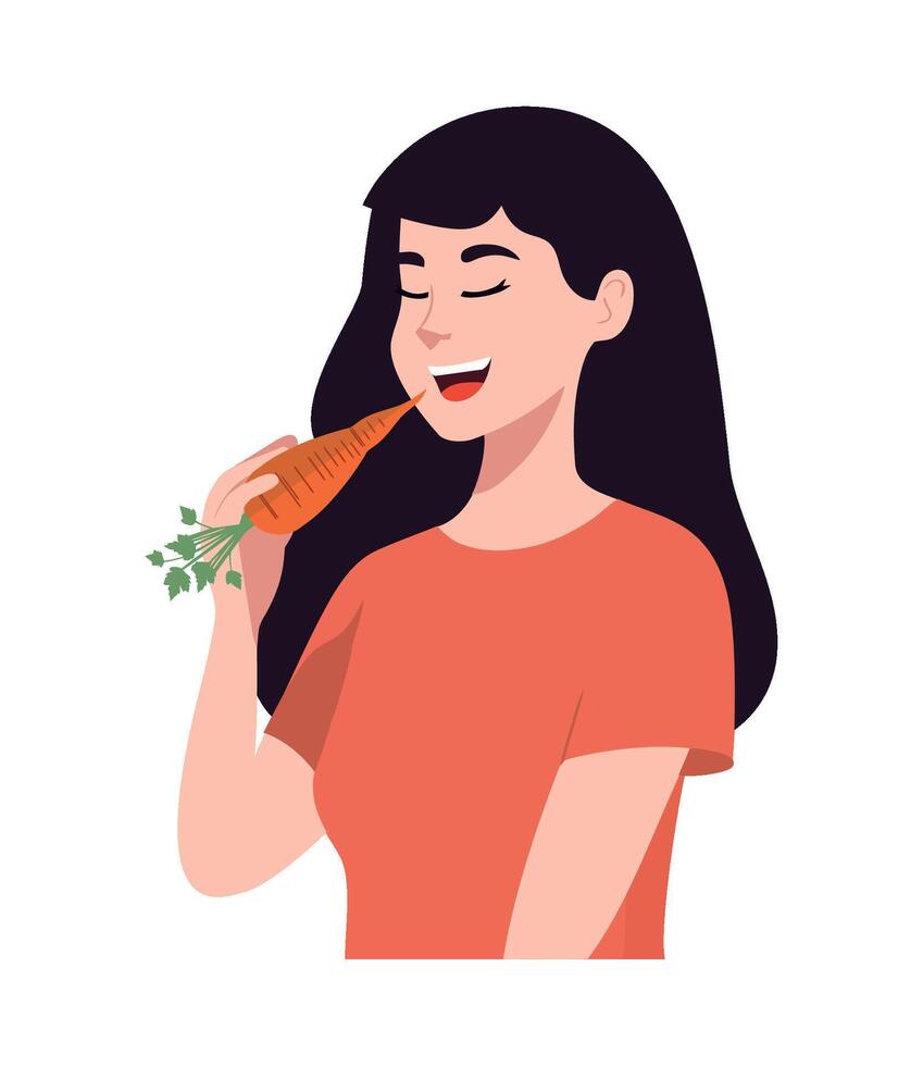 A woman eating a carrot with her mouth open vector