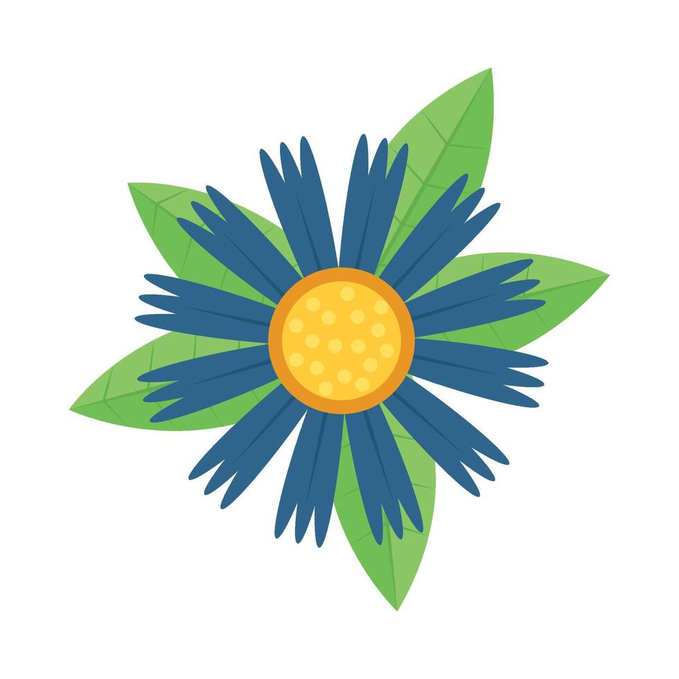 A blue flower with yellow center and green leaves vector