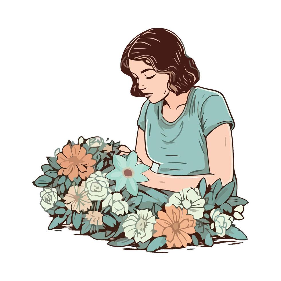 A woman is sitting in a chair with flowers vector
