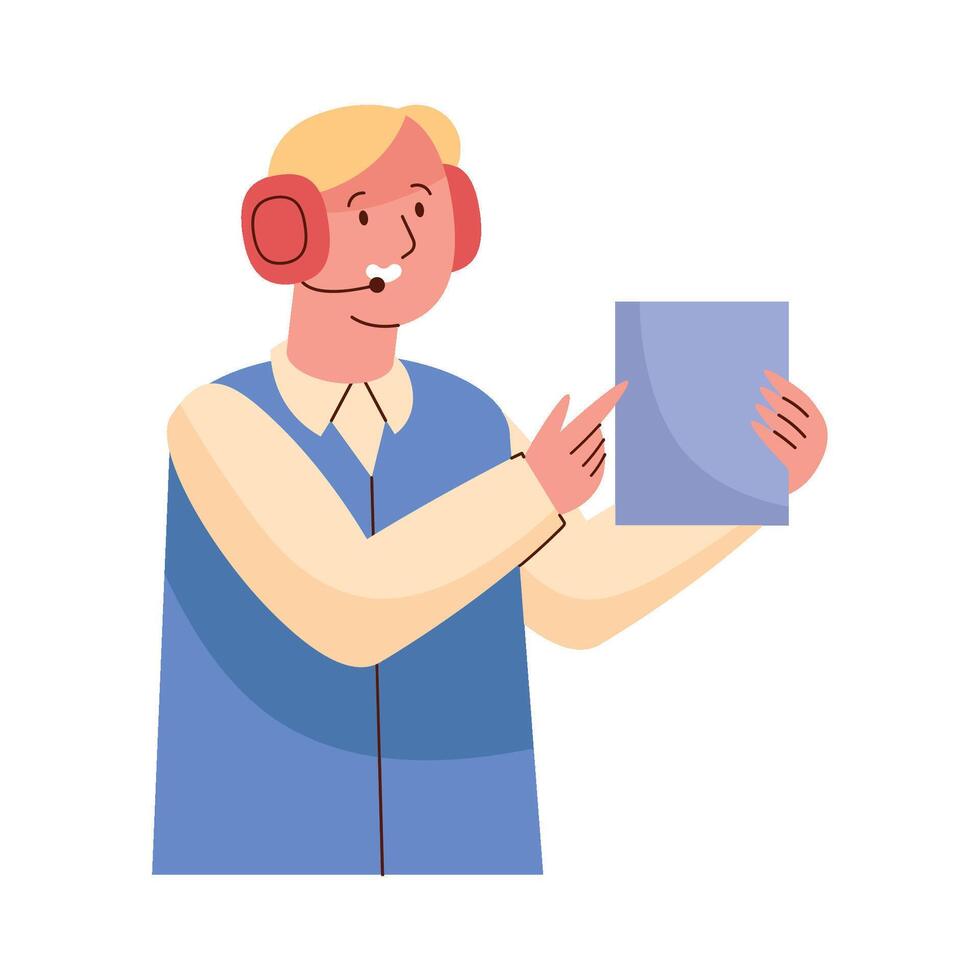 A man in a headset holding a piece of paper vector