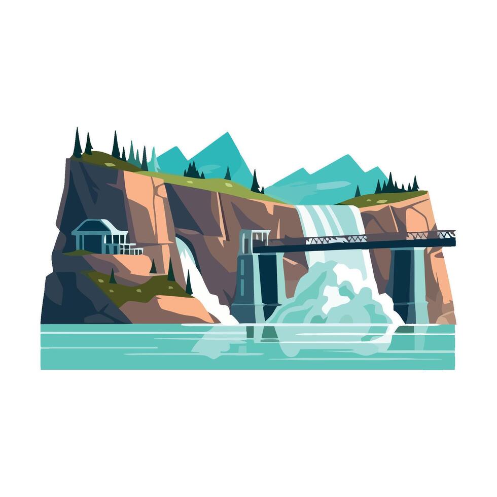 A cartoon illustration of a waterfall and a bridge vector