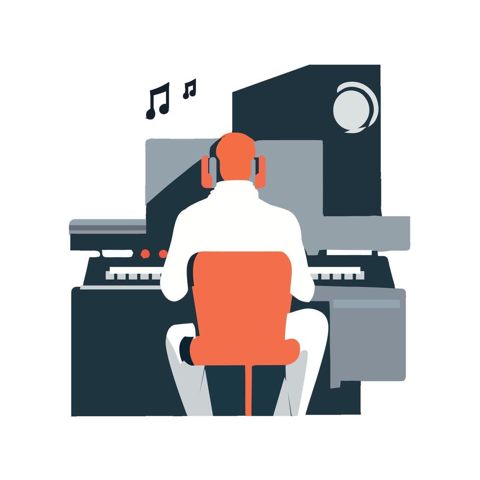 An illustration of a man sitting at a computer with headphones on vector