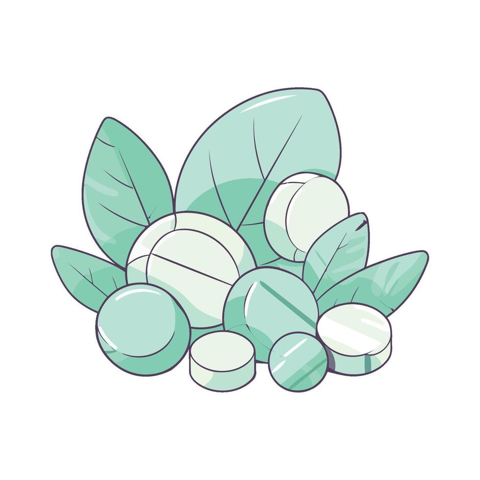 Pills and leaves on a white background vector