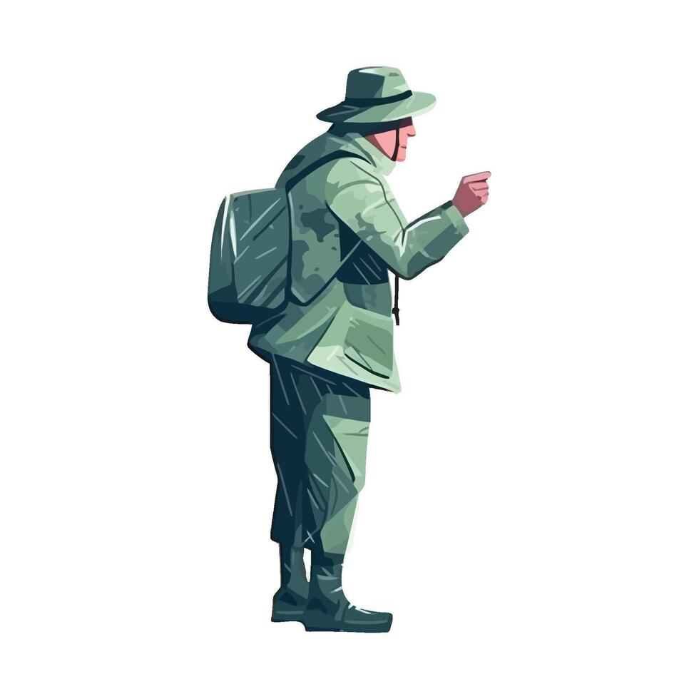 A man in a green uniform is pointing to something vector