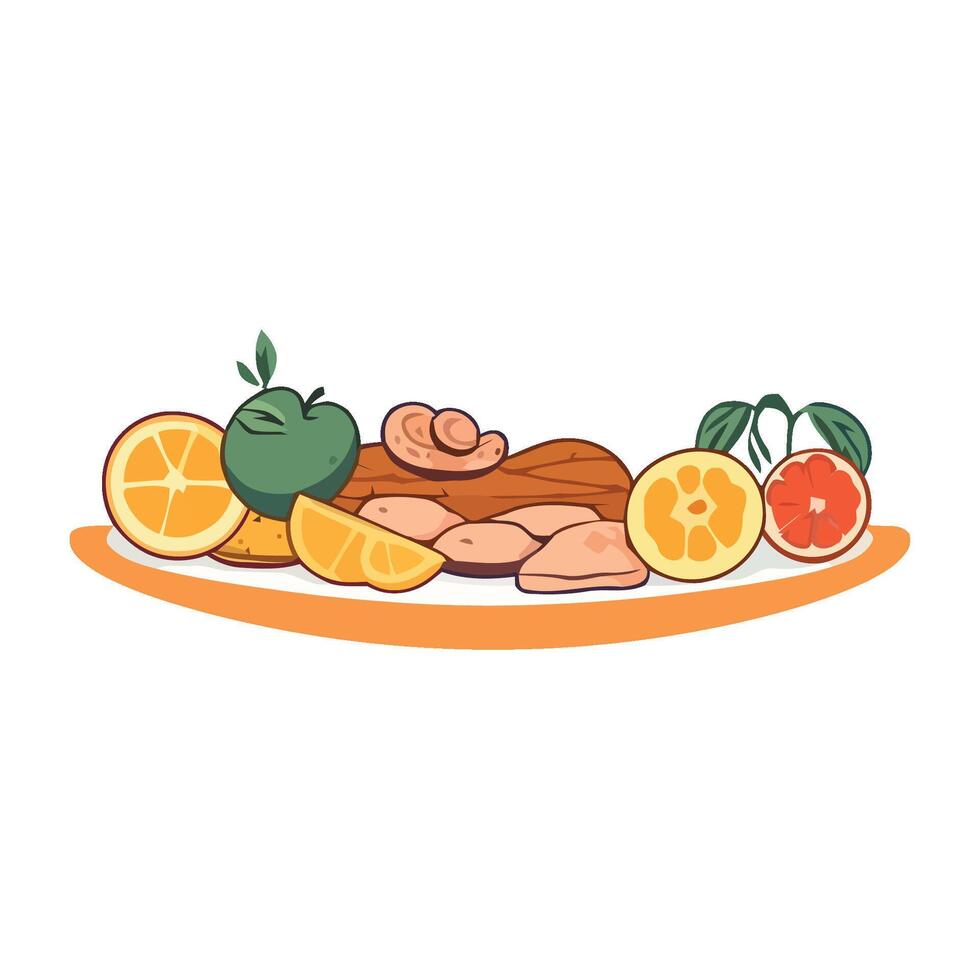 Chicken breast with orange slices and lemon slices on a plate vector