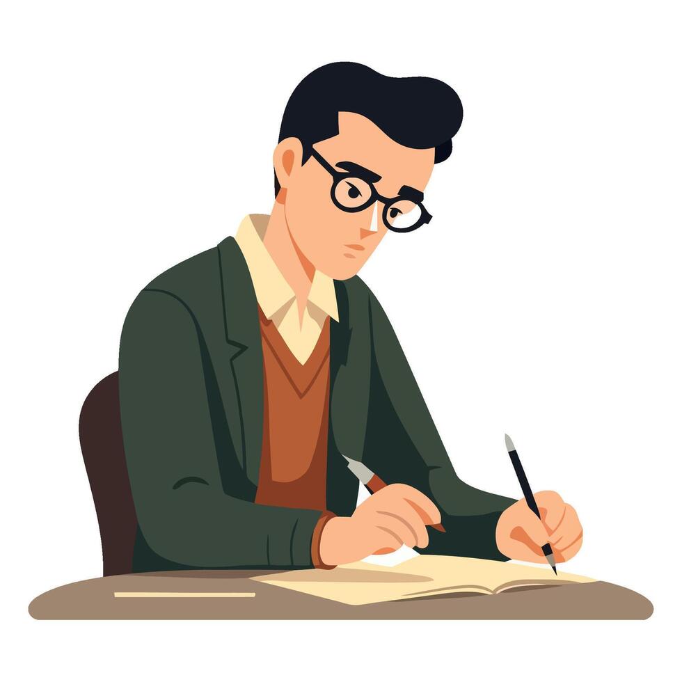 A man in glasses is writing on a piece of paper vector