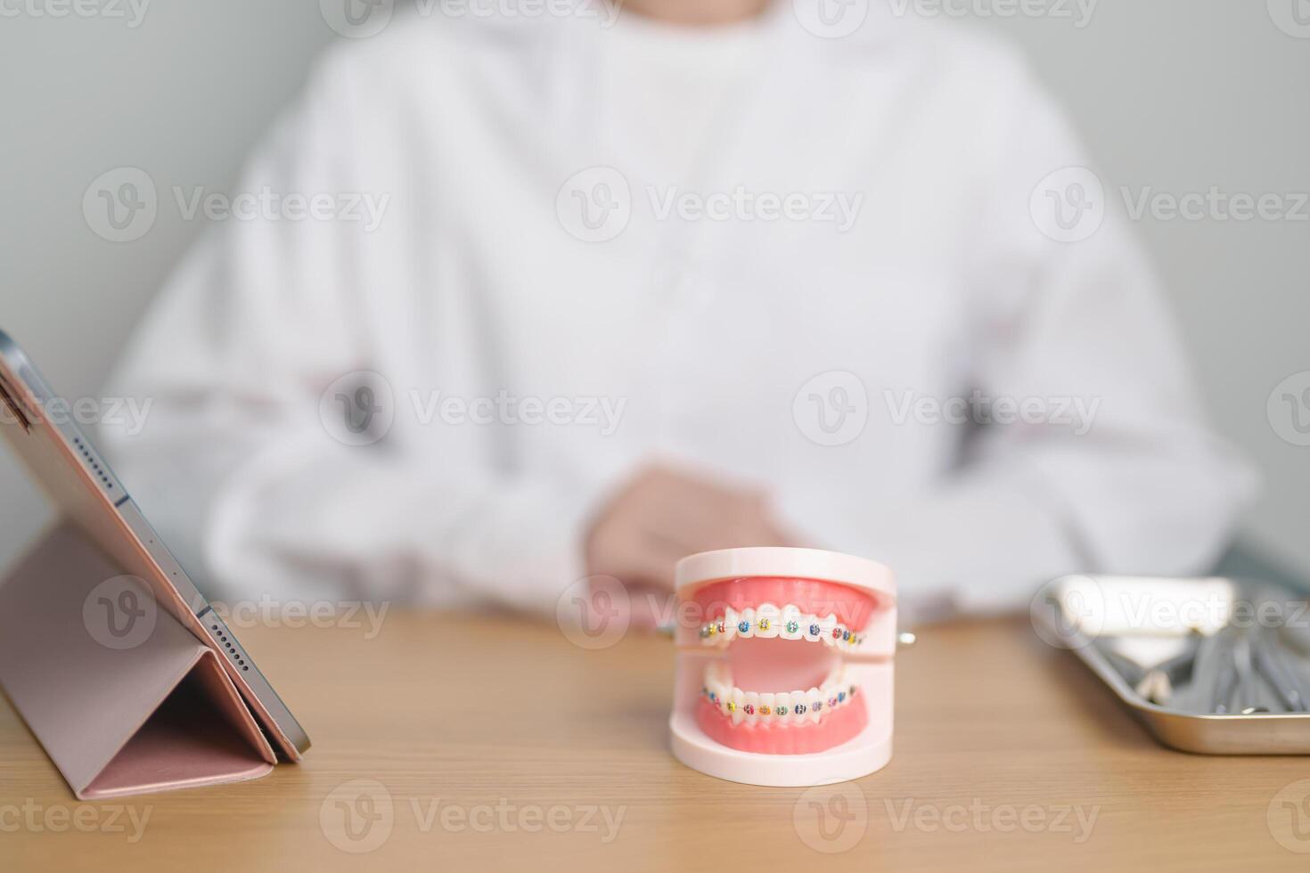 Dentist with Orthodontic tooth model and bracket or brace. Clean and Scrape off tartar. May Orthodontic Health Day, March Oral health, Dentist Day, False Teeth. Toothache and Children Dental Health photo