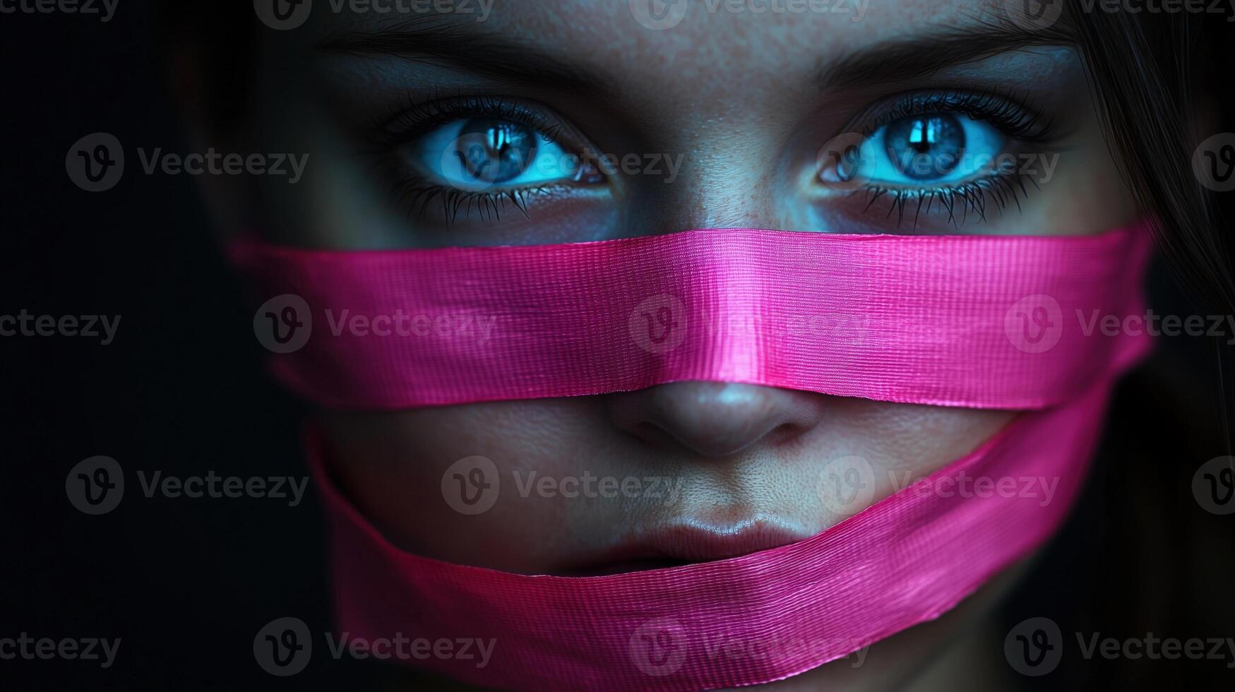 Captivating Woman with Striking Blue Eyes Partially Obscured by Vibrant Veil photo