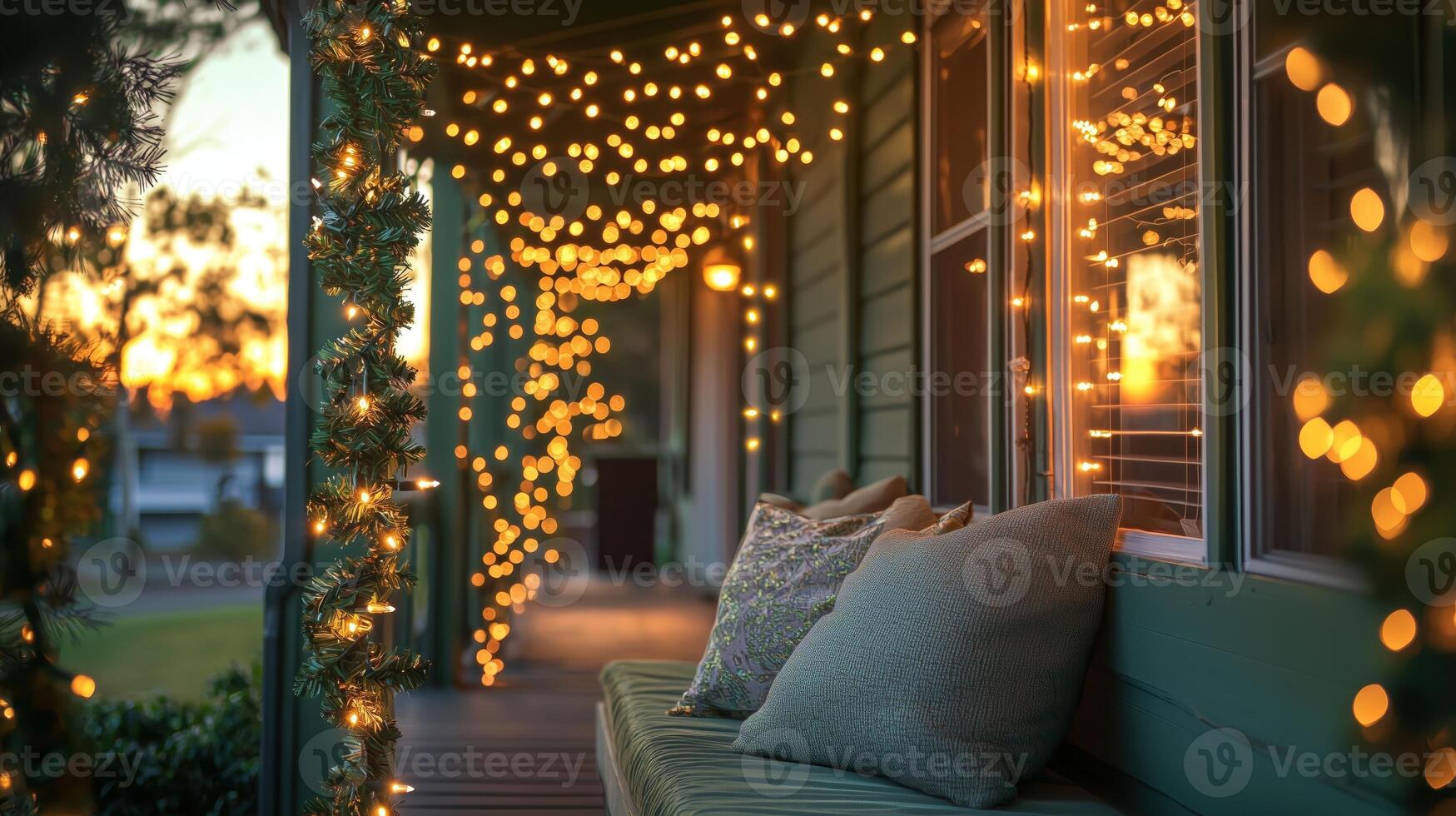 Cozy and Inviting Porch Adorned with Twinkling String Lights at Sunset photo
