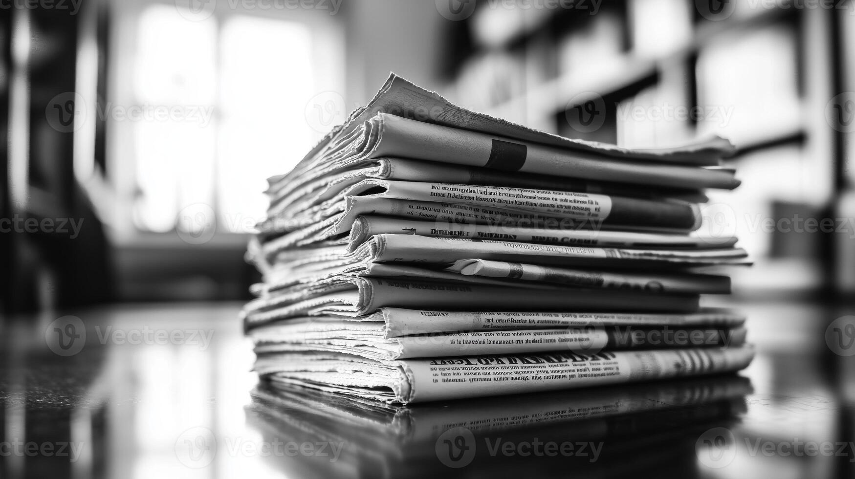 A Neatly Organized Stack of Newspapers and Documents in a Minimalist Workspace Setting photo