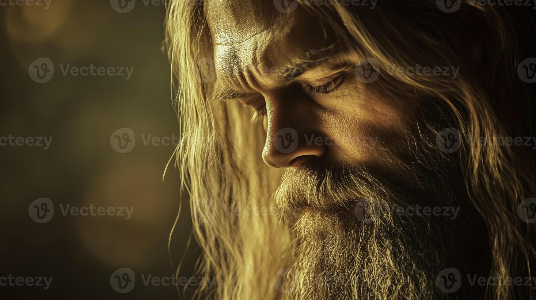 Mystical and Imposing Portrait of a Man with Long Flowing Hair and Beard photo